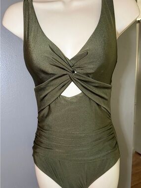 DKNY Olive Green Designer One Piece Cutout Twist Ruched Front Sculpting Swimwear